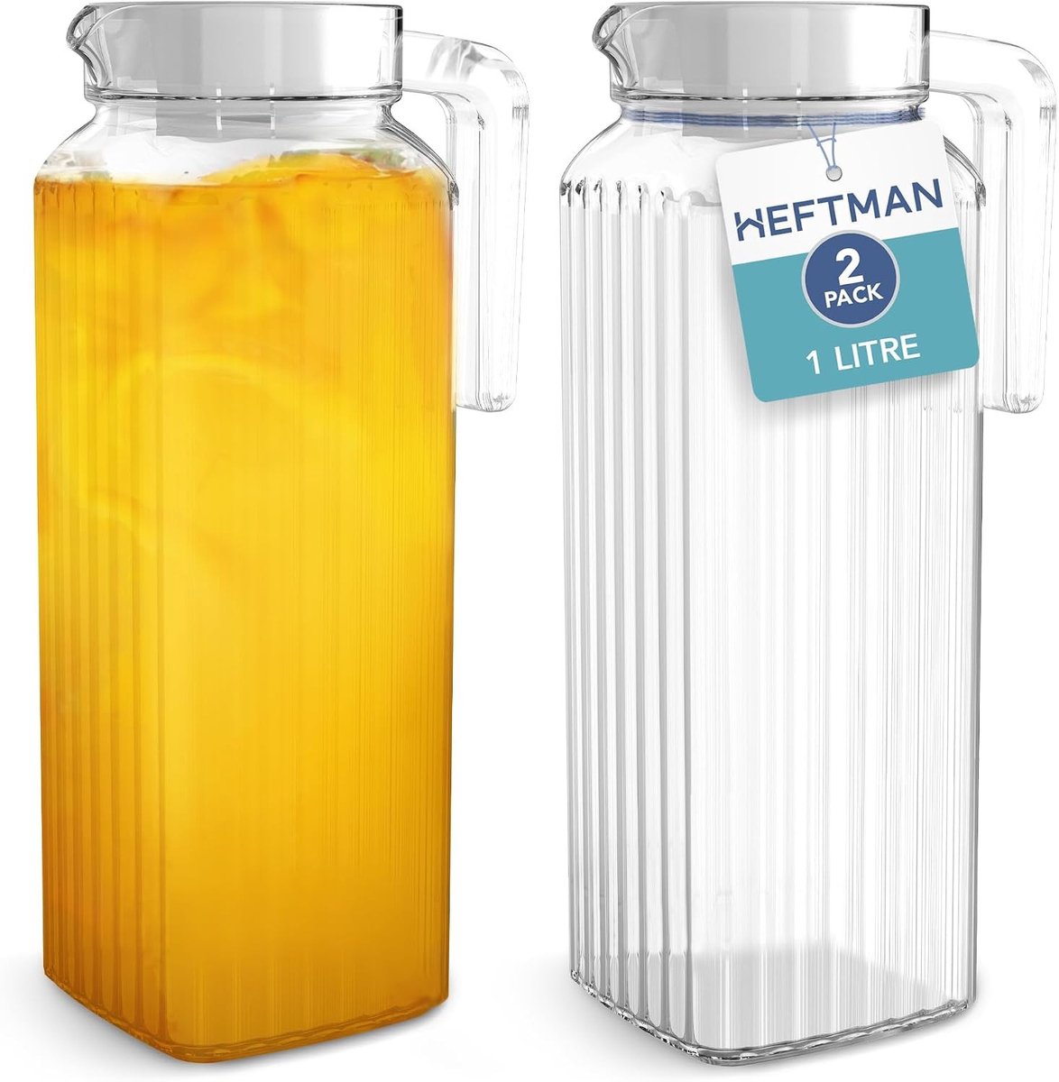 Waterjug - Transparant - 1 Liter - Glas met Geribbeld Ontwerp en Deksel - Voor Koelkast en Dranken
