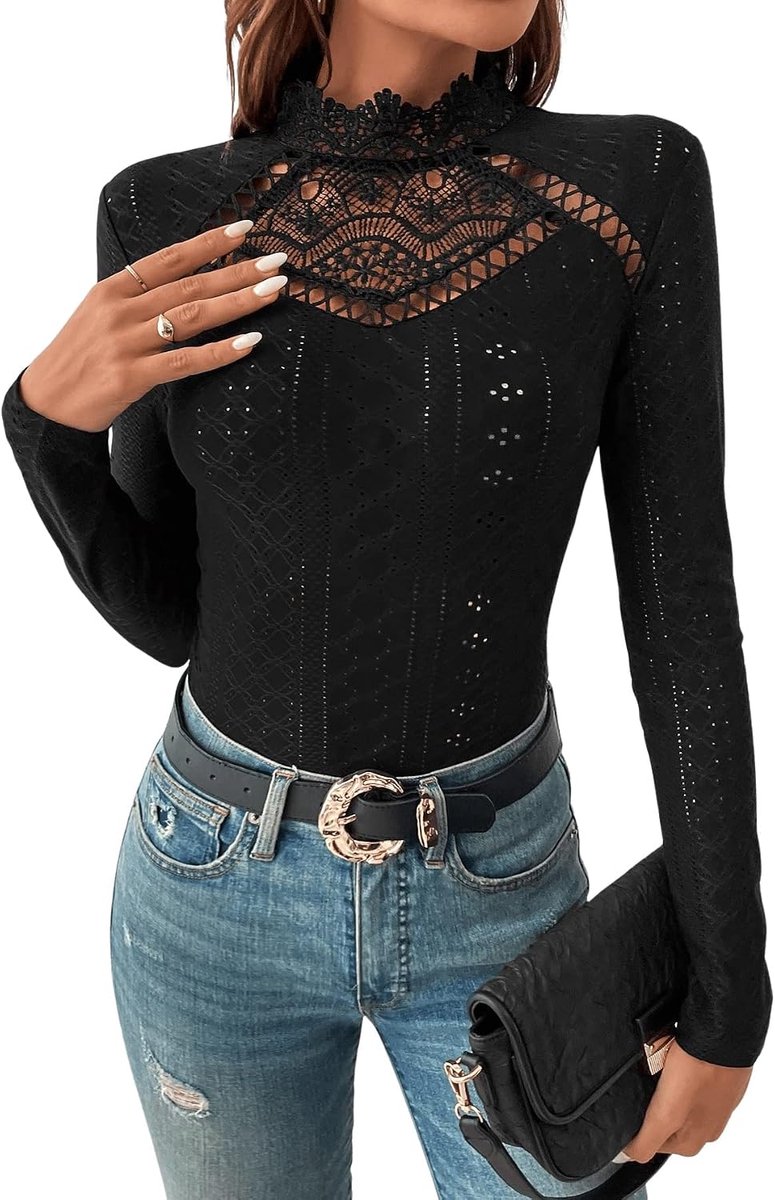 GORGLITTER Women's Elegant Bodysuit Stand-Up Collar Eyelet Embroidery Long Sleeve Body Lace Insert - ShopVlot