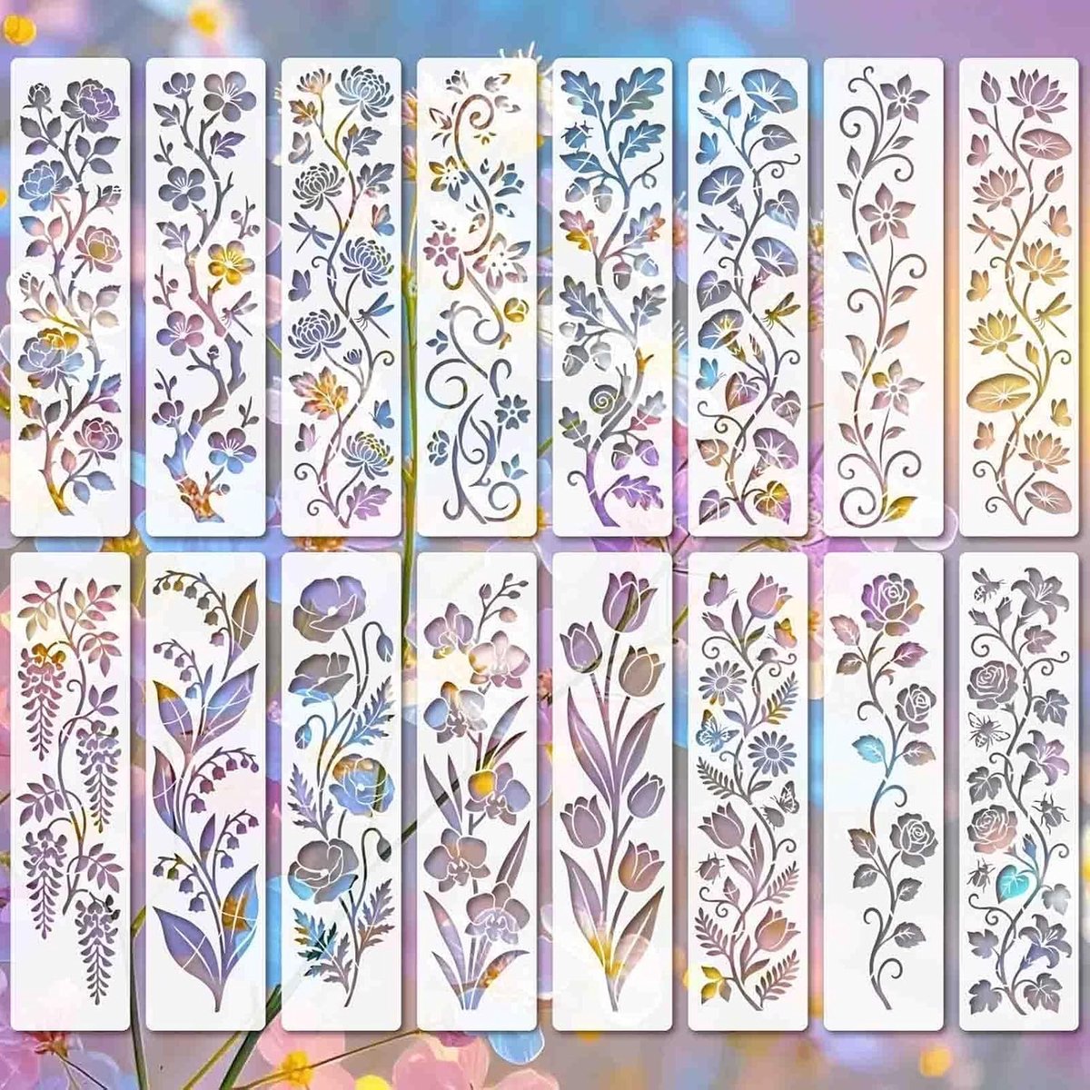 Botanische bloemensjablonen, 16 stuks, herbruikbaar PET 30 x 7,5 cm, doe-het-zelf schildersjablonen voor muren, hout - ShopVlot