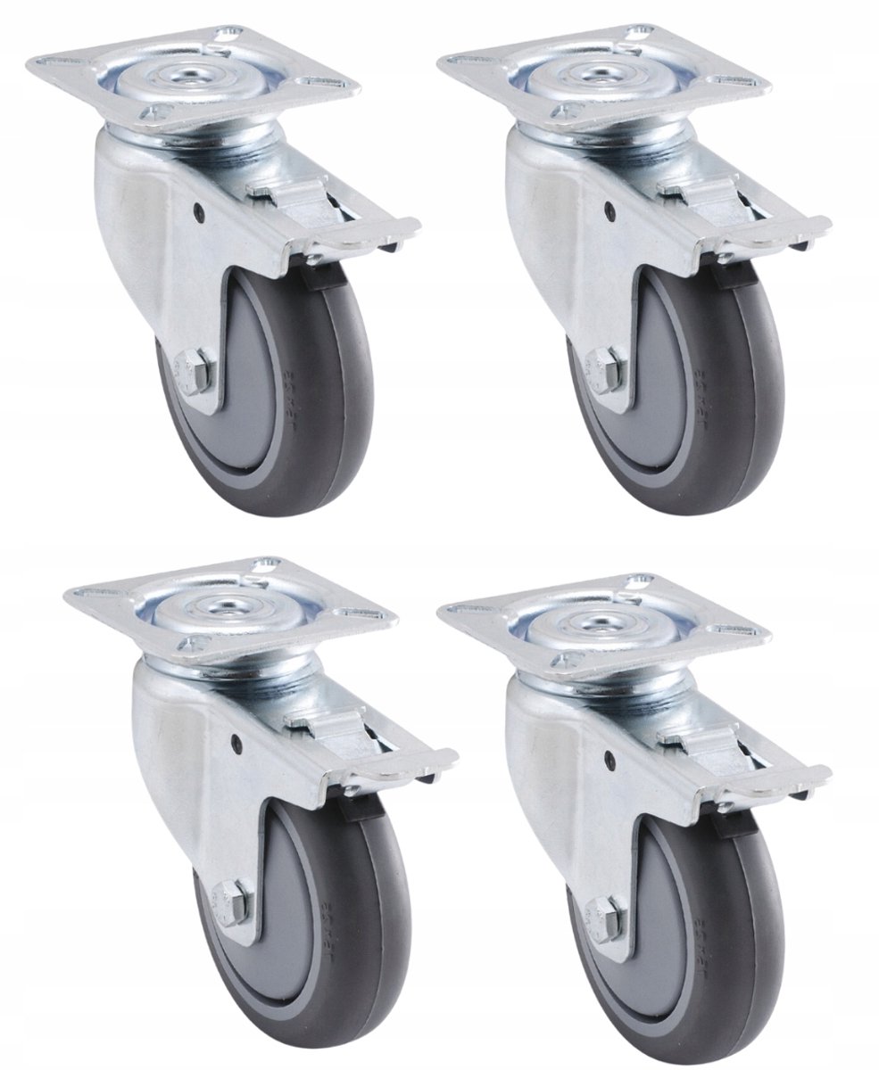 4 Zwenkwielen 50mm 55kg met Rem - Montageplaat 60x60