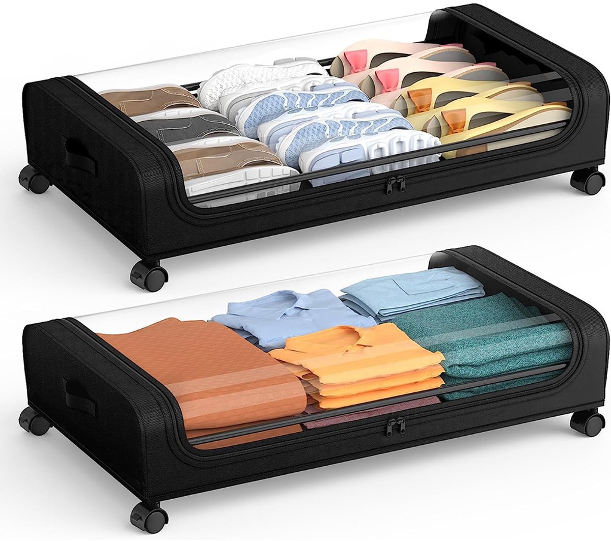 Opbergdozen voor onder het bed - 2 stuks - met wielen - Opbergsysteem voor onder het bed - Opbergsysteem voor kleding en schoenen - Opvouwbare kledingkast - Grote opbergruimte - Opbergdozen voor onder het bed - Oxfordstof - Zwart