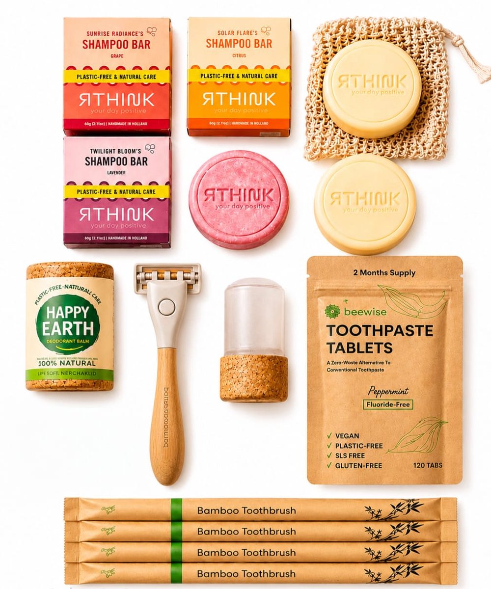Zero Waste Reis Set – Handbagage Proof Travel Kit Zonder Vloeistoffen – 4 Bamboe Tandenborstels, Tandpasta Tabletten, Shampoo Bars, Scheermes & Deodorant – Duurzaam & Compact – Vliegtuig Veilig