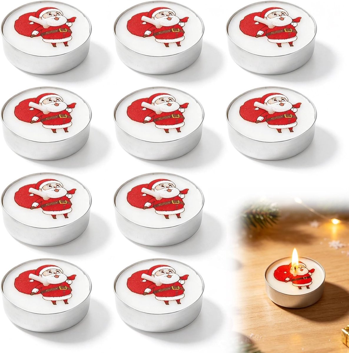 Theelichtjes Set - Kerst - 10 Stuks - Met Kerstman en Rendier Motief - Voor Feestelijke Decoratie