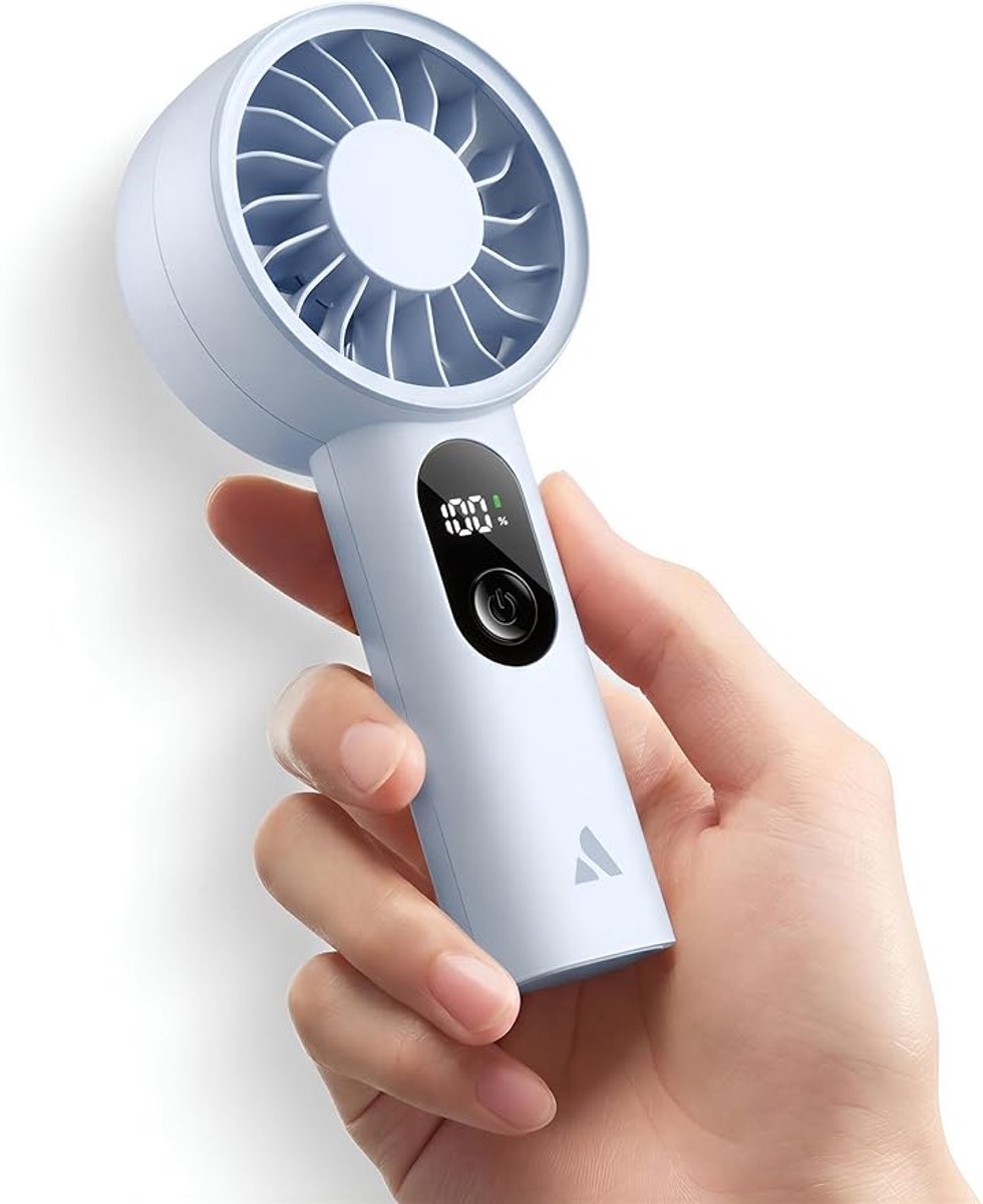 Krachtige Handventilator USB Oplaadbaar – Tot 10 Uur Koeling – Draagbare Mini Ventilator met 5 Snelheden & LCD Display – Opvouwbare Ventilator voor Reizen, Kantoor, Thuis, Vakantie & Onderweg – Compact – Wit