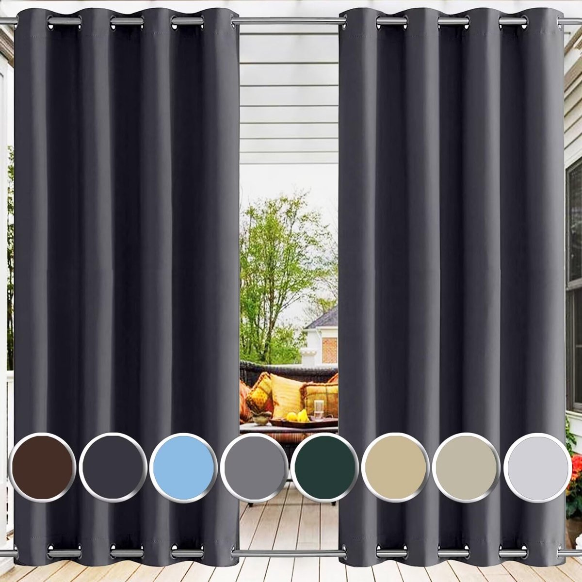 Gordijn outdoor antraciet met ingestanste ringen boven en onderkant met ingestanste weerbestendig, waterdicht - ShopVlot