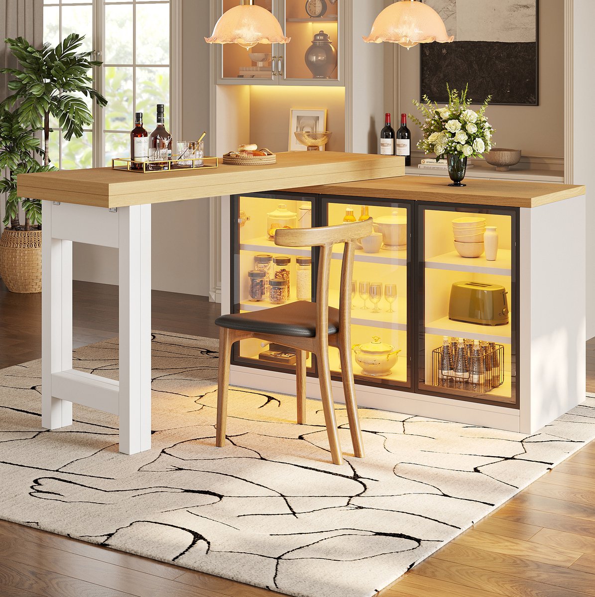 HAUSS SPOLE Eettafel - Uitschuifbaar Met 360 Graden Draaibaar Blad En Zijkast - Voor Eetkamer En Keuken - MDF En Glas - Wit - 120 Tot 197 Cm