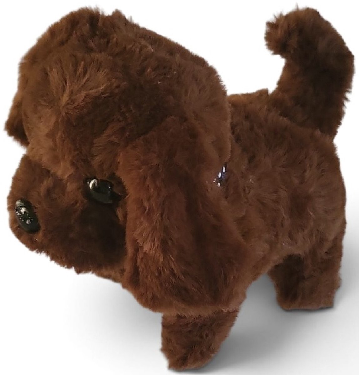 Een schattige en lieve knuffel waar geluid uitkomt! Doe een batterij in het hondje en zet hem neer, dan loopt de hond vanzelf weg! Dit hondje is 15cm hoog. Leuk om voor jezelf te kopen of om cadeau te geven aan iemand.