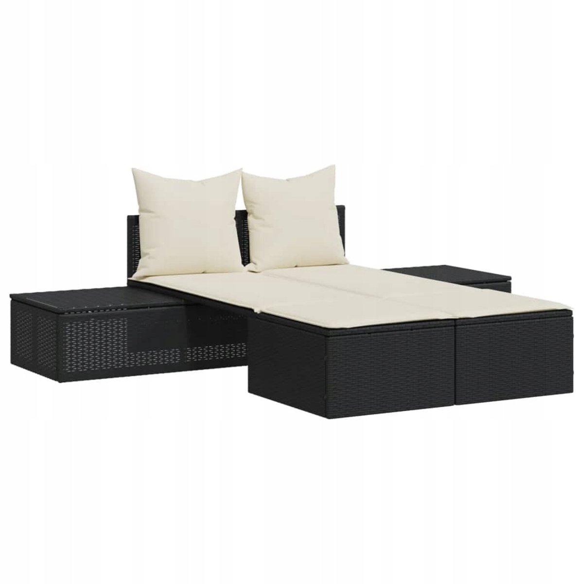 Dubbele Loungestoel Tuin, Ligbed met Kussens, Polyrattan Zwart