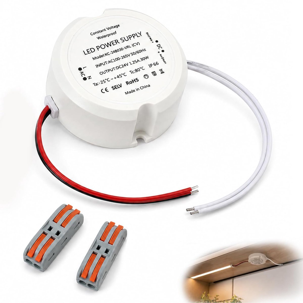 LED transformer, 24 V, 30 W, 1.25 A, round display diameter 55 mm, power supply for indoor and outdoor LED lighting - ShopVlot