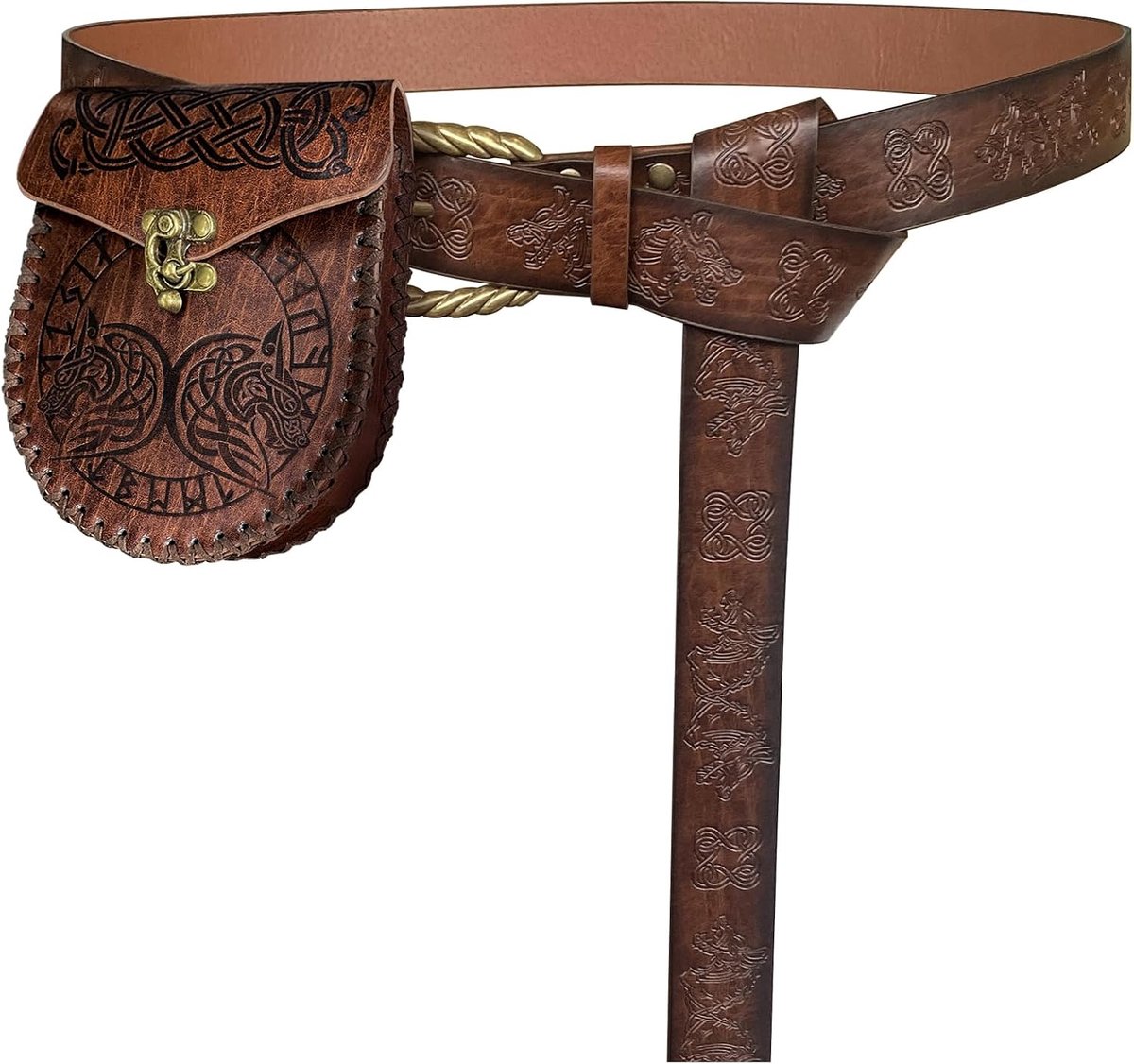 HiiFeuer Viking Fenrir Embossed Buckle Belt with Scandinavian Belt Bag, Vintage Faux Leather Belt and Pouch Set for - ShopVlot