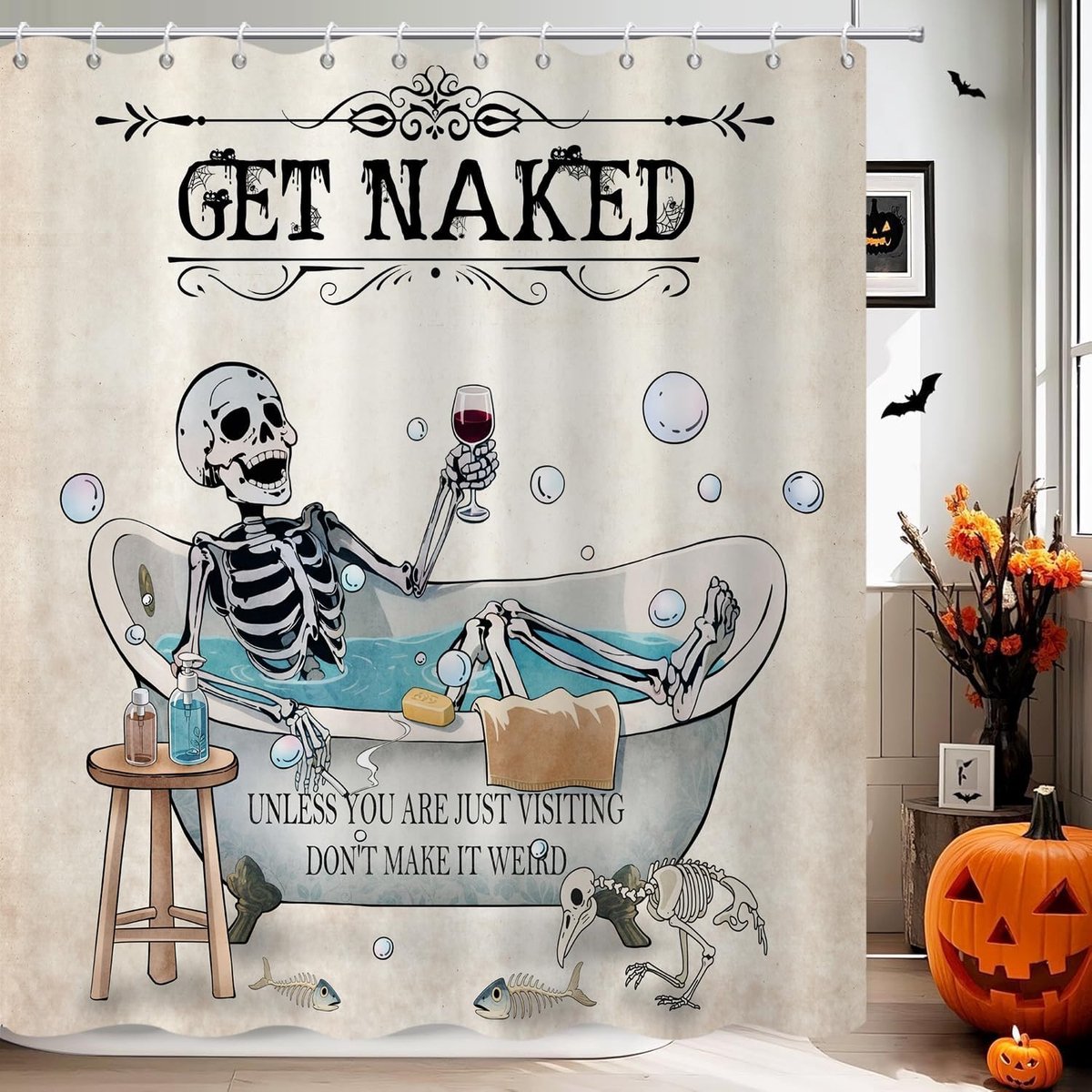 Douchegordijn, 120 x 180 cm, Halloween Gothic Grappig doodskop skelet in de badkuip, waterdichte stof, machinewasbaar - ShopVlot
