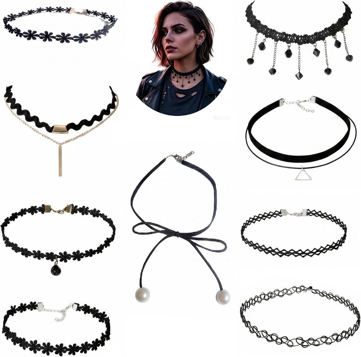9-delige chokerketting voor dames, zwarte gothic halsketting, sieraden, verstelbare choker-halsband voor dames - ShopVlot