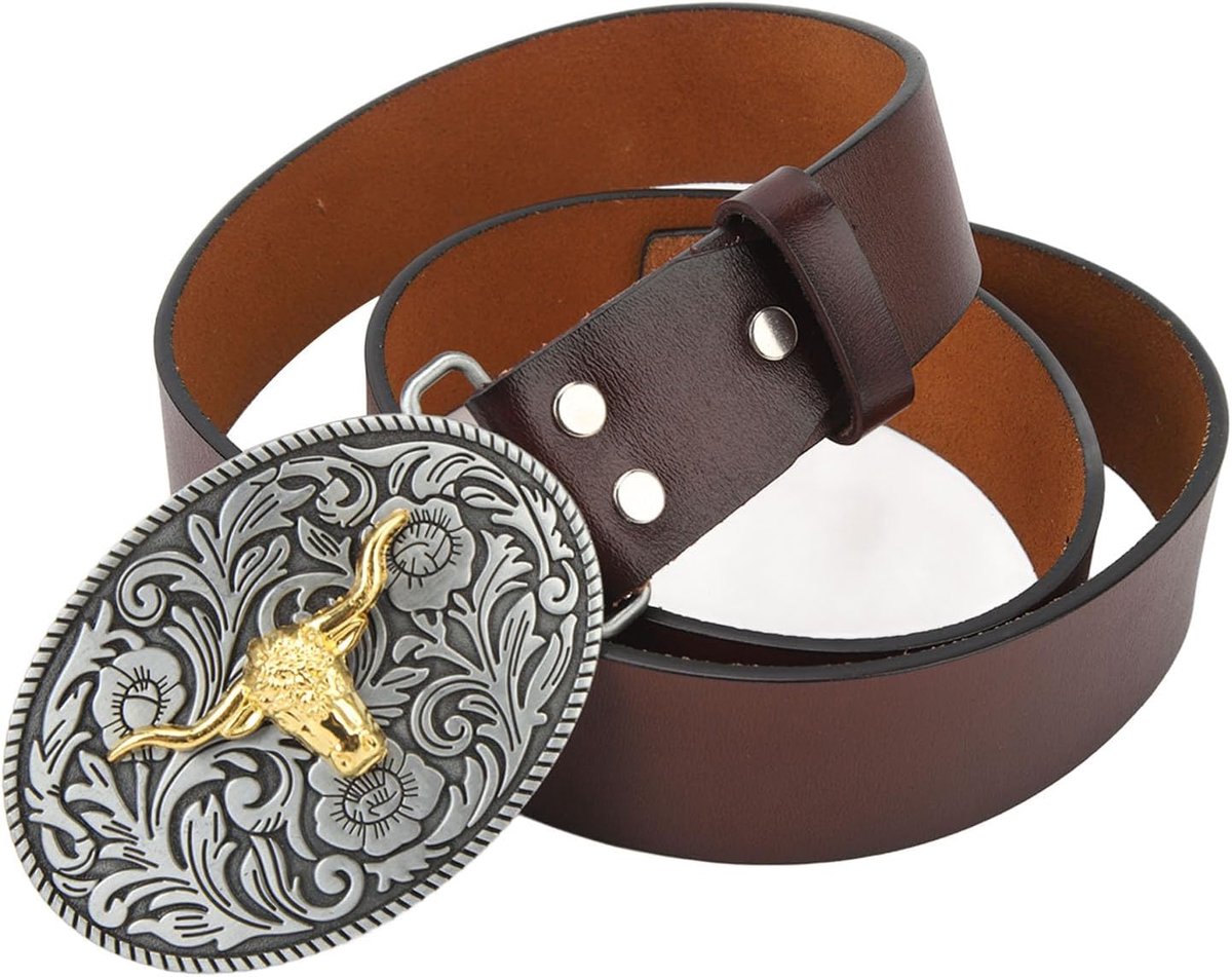 Western Cowboy Belt, Leather Buckle Belt Adjustable Vintage Western Belts Men's Waistband Bull Decoration for Men - ShopVlot
