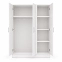 Witte driedeurskast, deuren open, met hanggedeelte en vier legplanken.