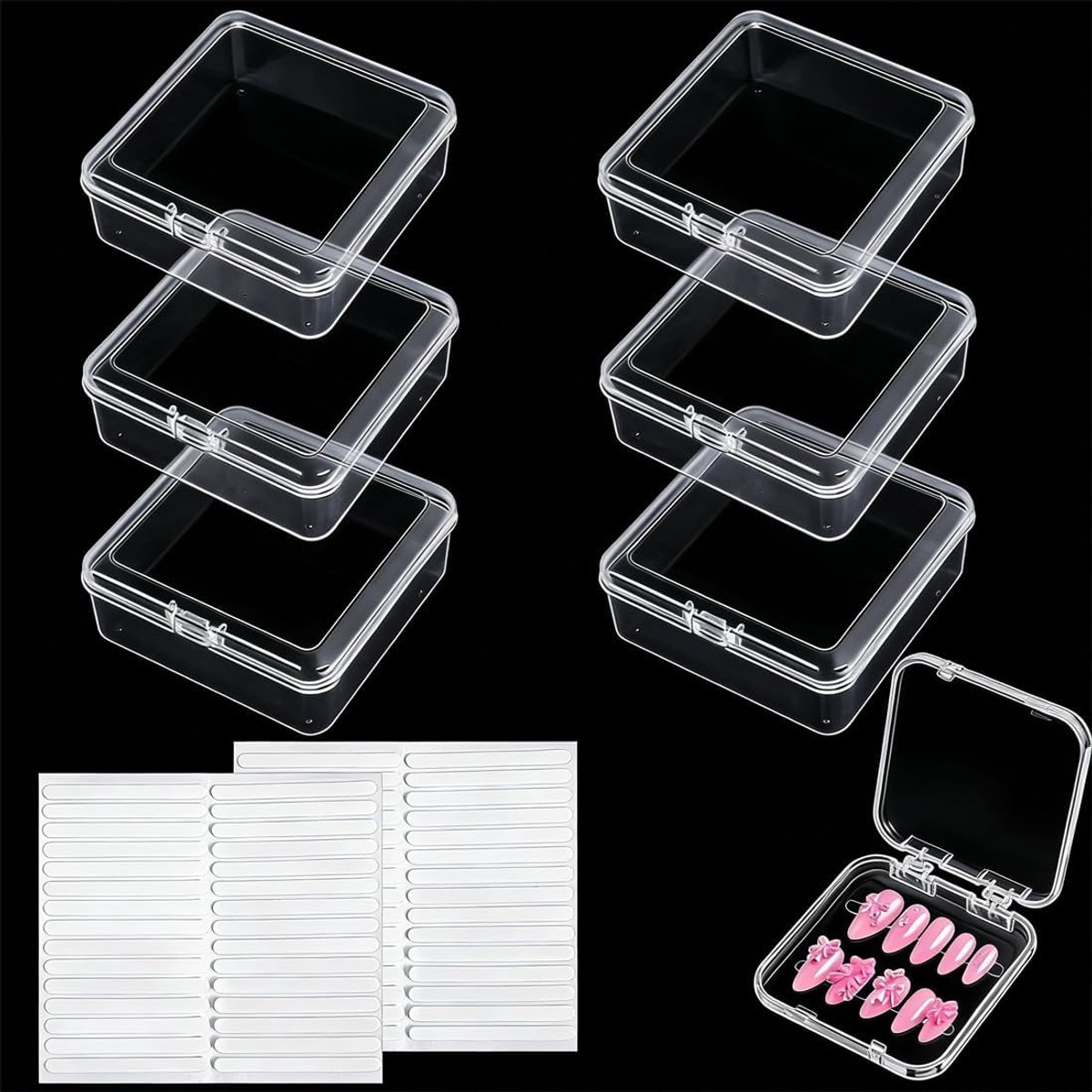 Set van 6 nagelmonsters met 60 dubbelzijdige linten, transparante doosjes voor nagelpersen, ideaal voor salon en - ShopVlot