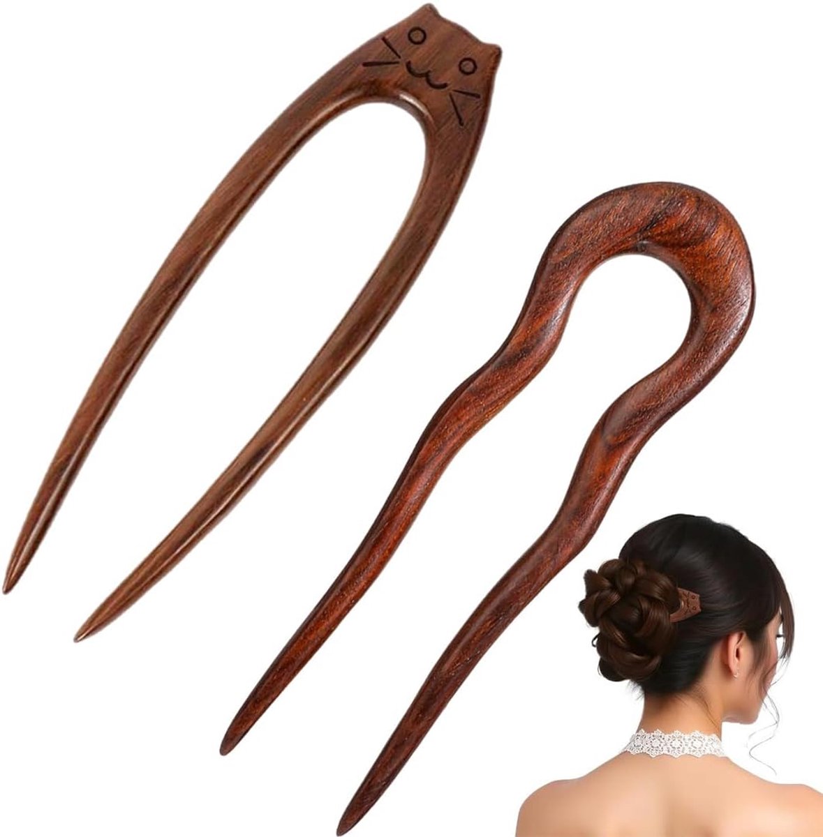 2 Pcs Wooden U Shaped Hair Pins French Hair Clips Sandal Hair Clip Double Fork for Women Girls Hair Accessories - ShopVlot