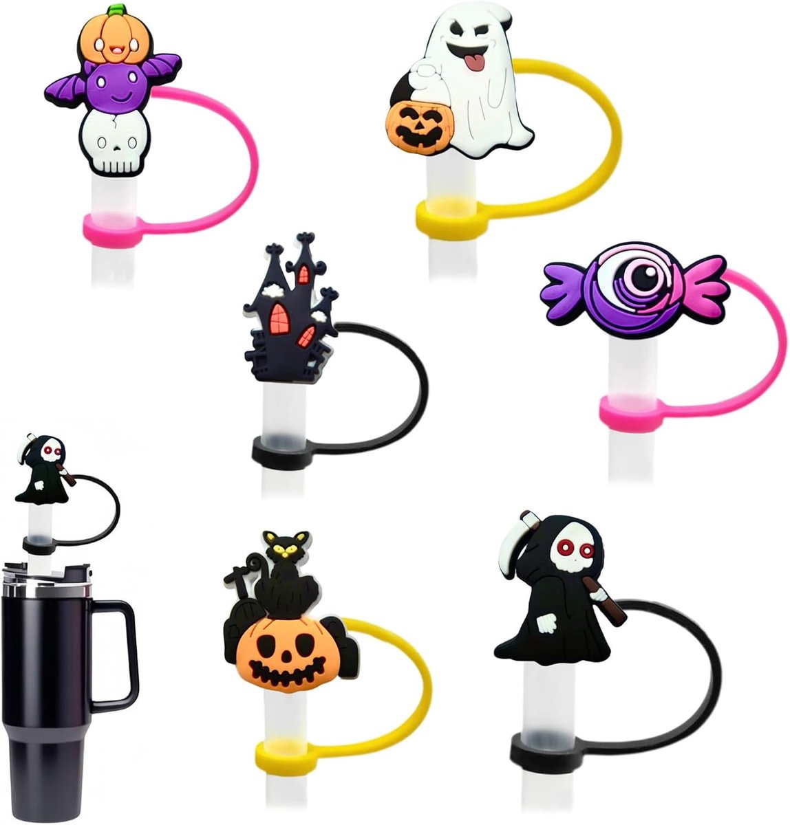 Set van 6 herbruikbare Halloween-rietjes, kleurrijke motieven, BPA-vrij, compatibel met 10 mm rietjes en 30 bekers van - ShopVlot