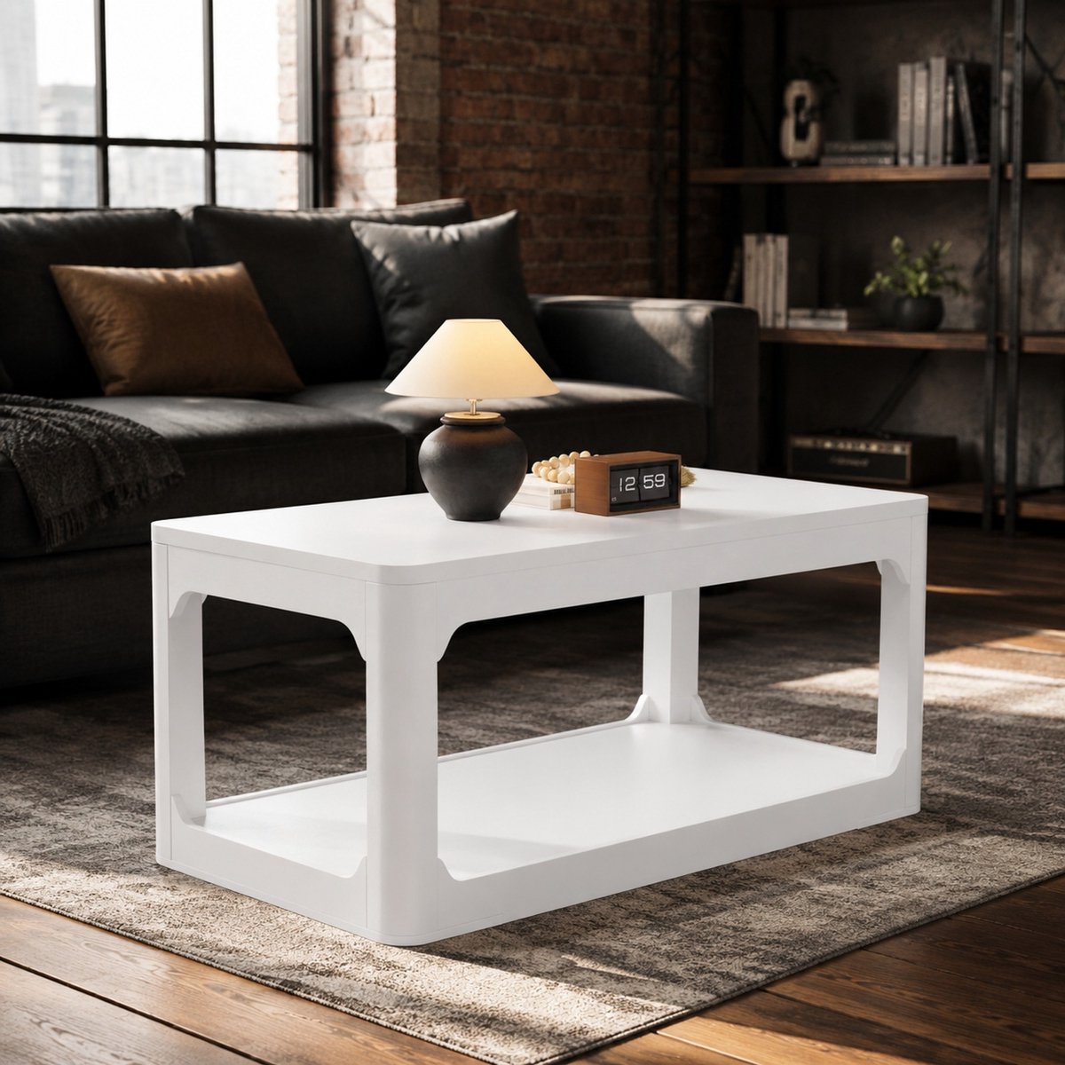 MODENUIT Salontafel - Rechthoekig Met Twee Opbergvakken - Voor Woonkamer - MDF - Wit - 100 X 50 X 44,5 Cm