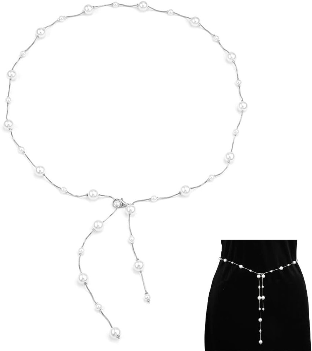 Riem ketting met parels en franjes, vintage-stijl, body chain Y-vorm, verstelbare tailleriem voor dames, licht en - ShopVlot