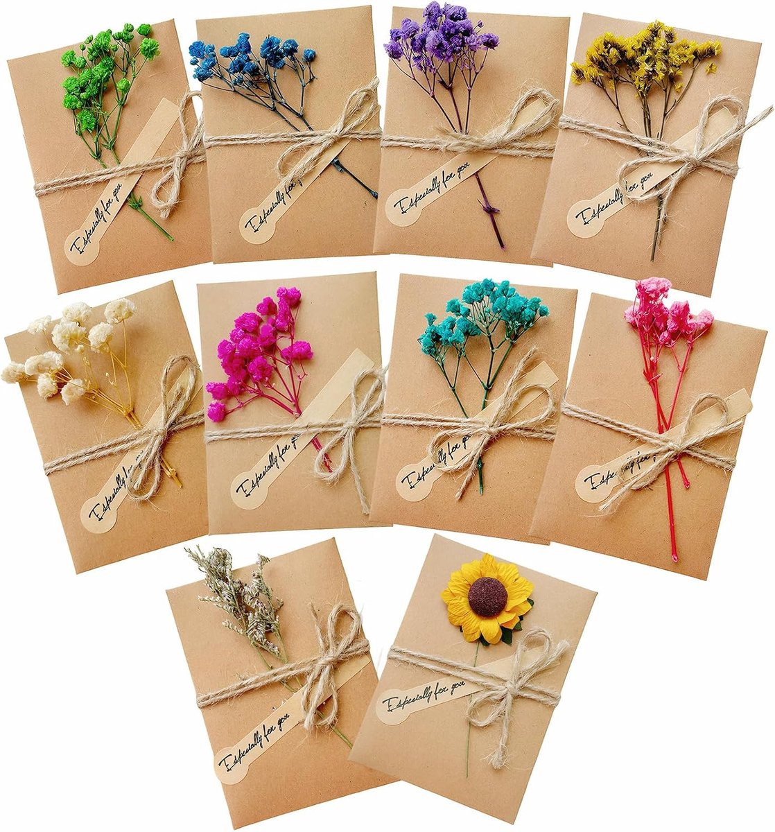 10 stuks wenskaarten, enveloppen, kraftpapieren enveloppen, liefdesgespen, zelfgemaakte wenskaarten, met geel koord en - ShopVlot