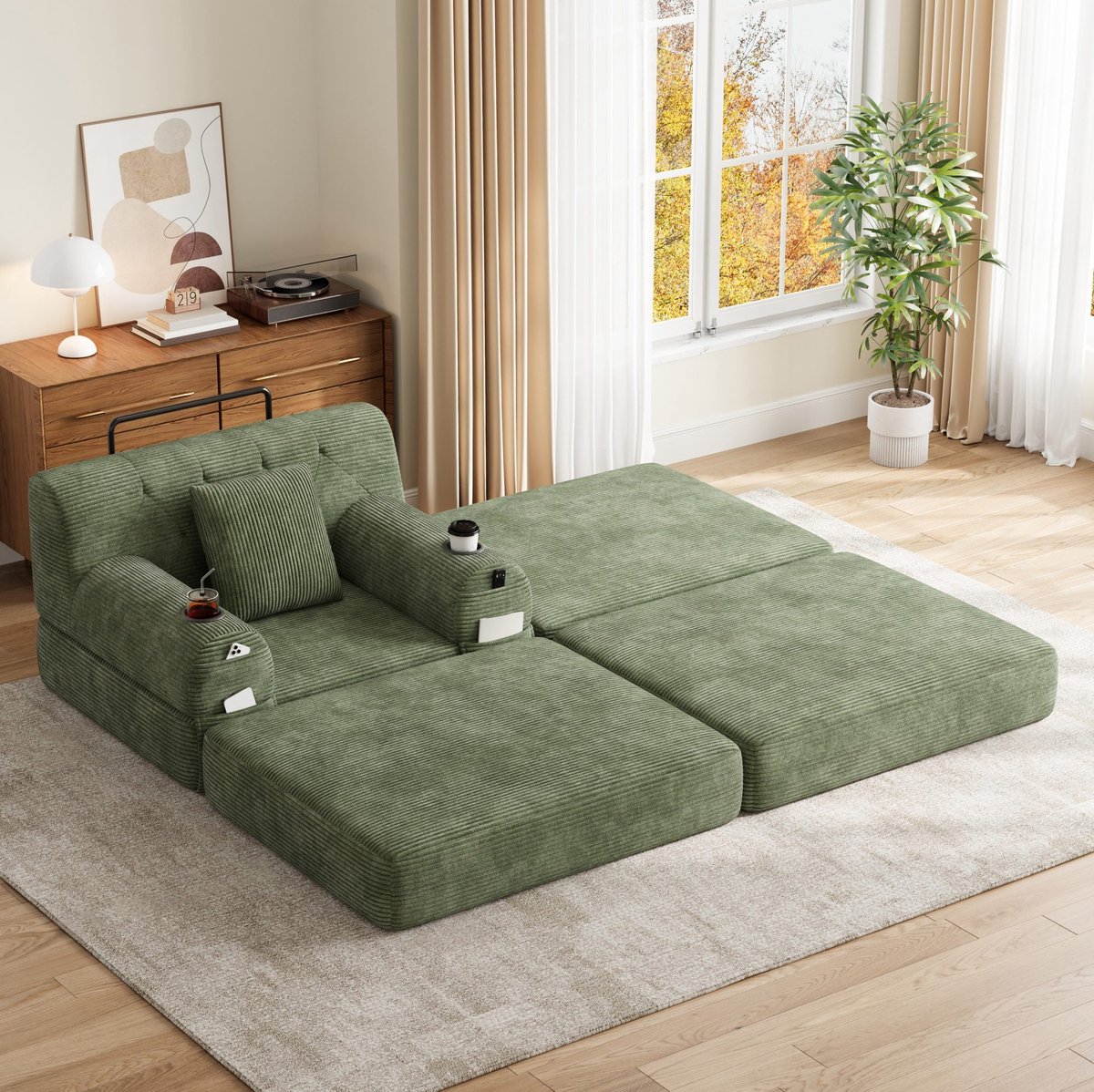 DESMIU Fauteuil 1-Zits Met Hocker - Slaapfauteuil Van Cord Met Hoge Rugleuning, 2 Bekerhouders En 4 Zijvakken - Groen
