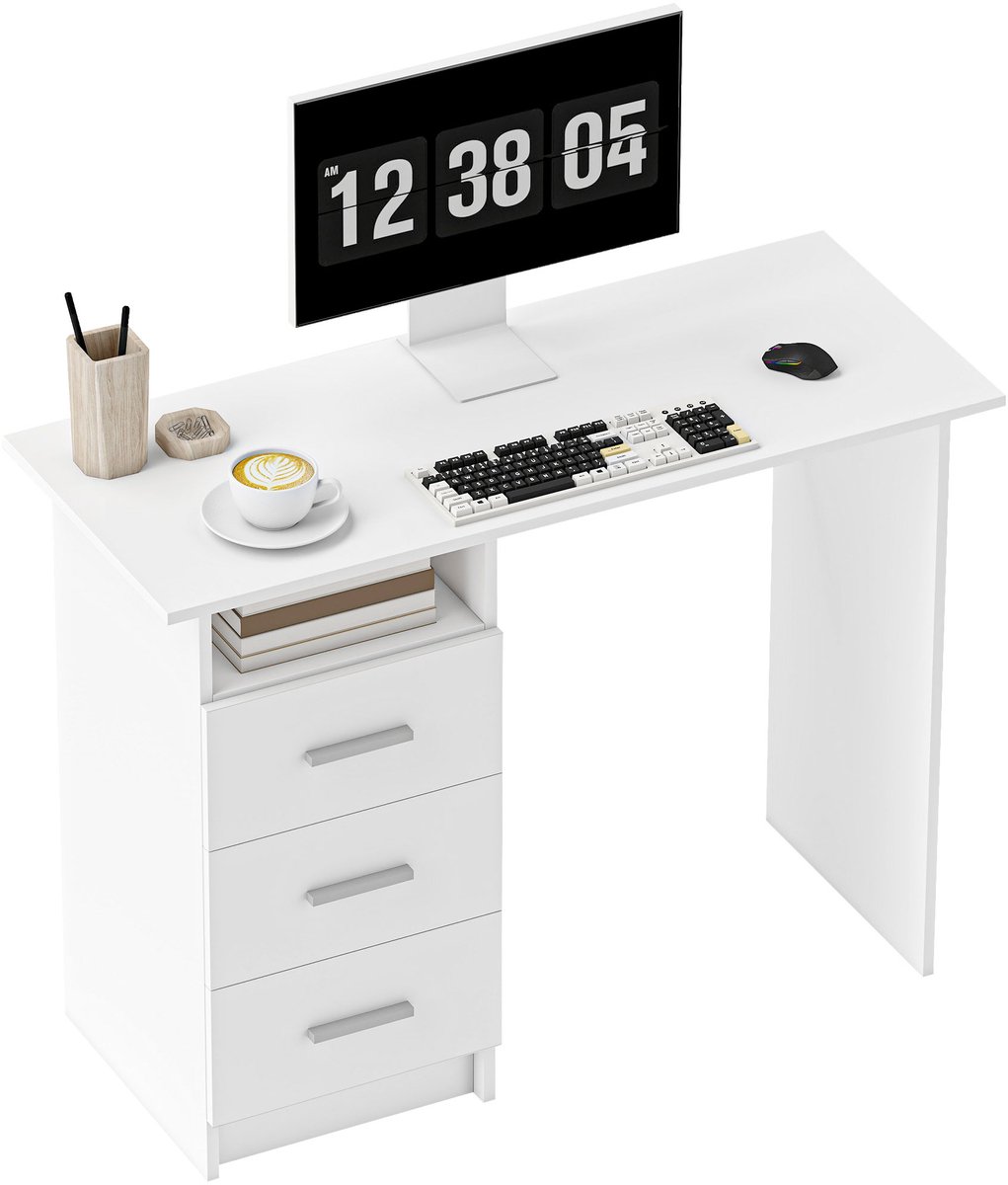 Computerbureau - 3 lades - Open opbergvakken - 100 x 40 x 75 cm - wit