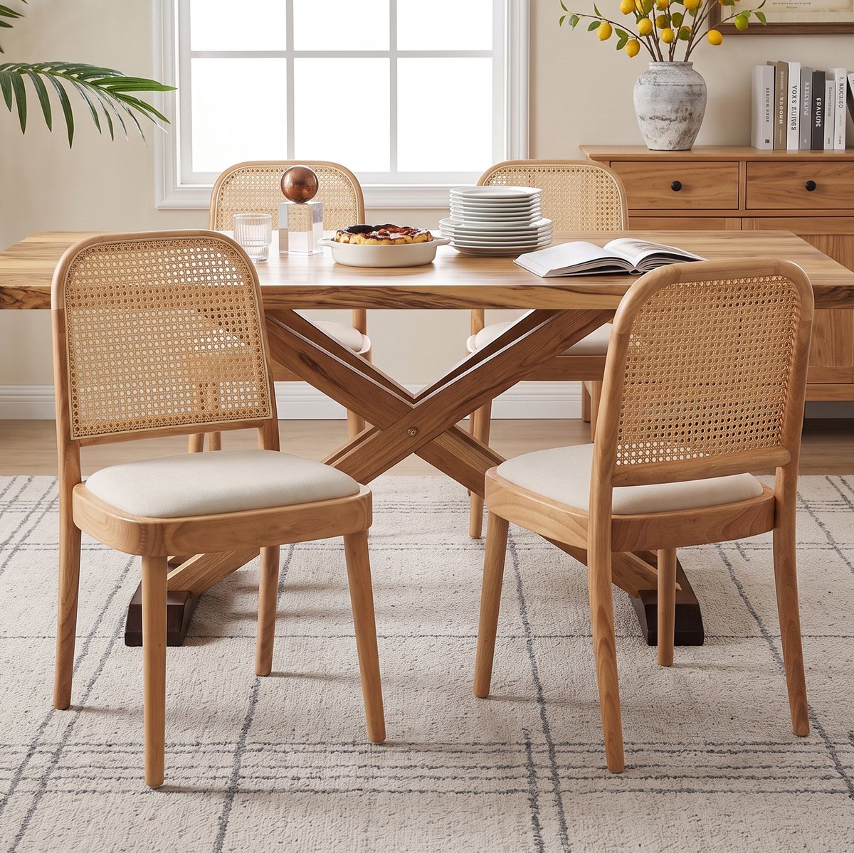 FloraGrace Eetkamerstoel Set Van 6 – 84 Cm Hoog Met Rotan Rugleuning En Gestoffeerde Zitting – Voor Eetkamer En Woonkamer – Hout – Houtkleur
