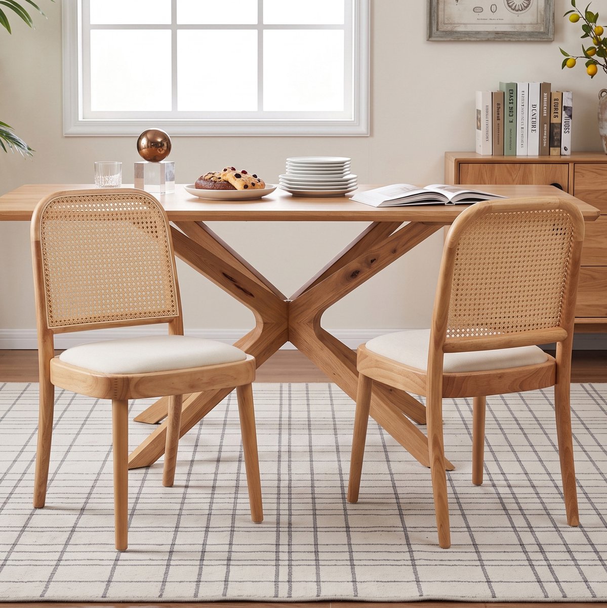FloraGrace Eetkamerstoel Set Van 4 84 X 45 X 52 Cm Met Rotan Rugleuning En Linnen Zitting Voor Eetkamer Woonkamer En Café Houtkleur