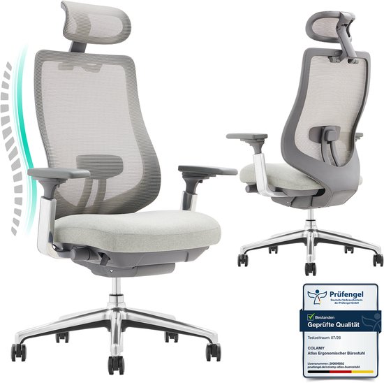Ergonomische bureaustoel COLAMY Atlas in lichtgrijs, met mesh rugleuning, verstelbare hoofdsteun en 4D-armleuningen. Bevat "Prüfengel Geprüfte Qualität".