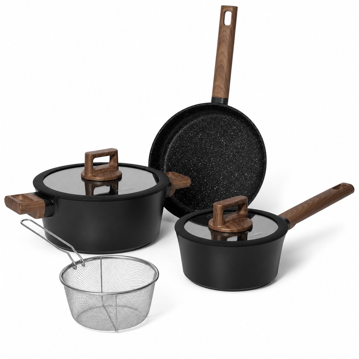 Pannenset Inductie 6-delig – Kookpan, Steelpan en Koekenpan – Marmeren Antiaanbaklaag – Glazen Deksels en Frituurmand – Zwart