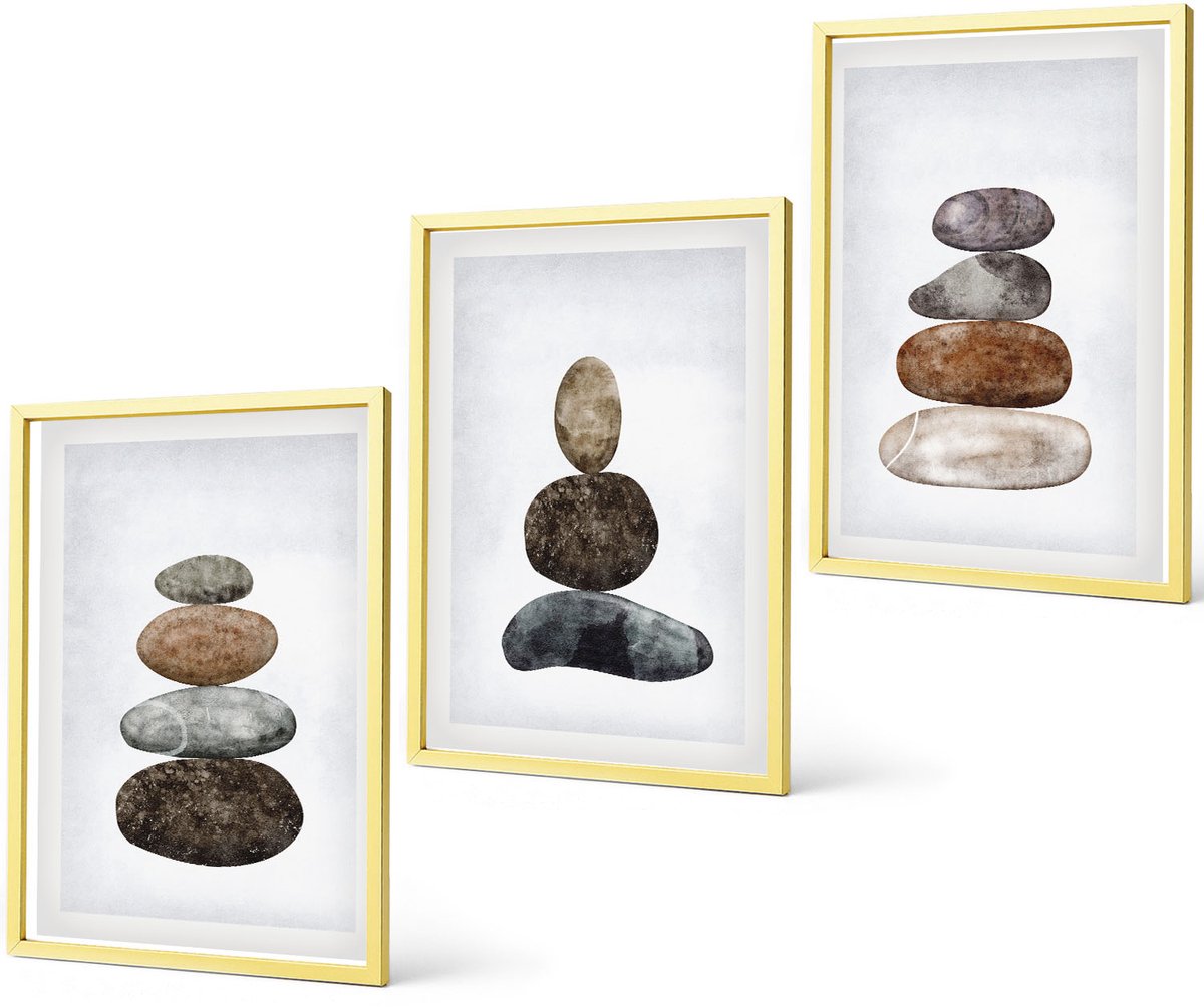 Coloray 3-Delige Schilderij Set - Minimalistisch Boho-Schilderij Van Steenstapels - 40 x 40 cm En 40 x 60 cm - Muurdecoratie - Decoratieve Schilderijen - Wohnzimmer - Woonkamer Decoratie