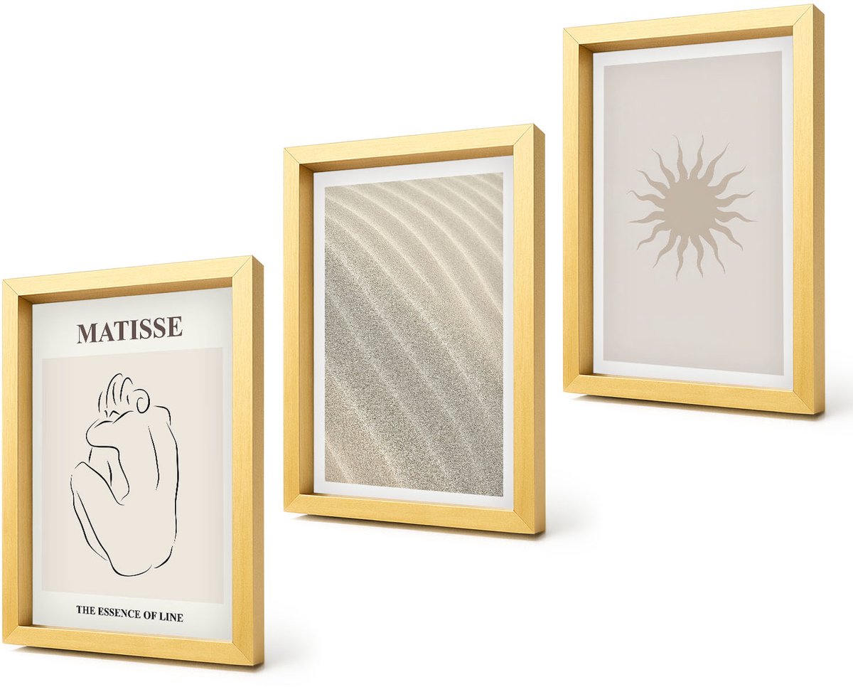 Coloray 4-Delige Schilderij Set - Minimalistische zandlijnen, golven en zon - 20 x 30 cm - Wanddecoratie - Muurdecoratie - Woonkamer