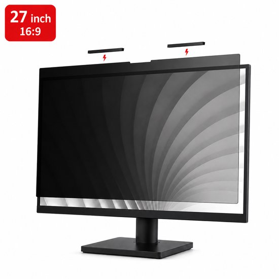 Een 27 inch privacy filter voor een monitor met beeldverhouding 16:9. Het filter overlapt de randen en wordt met magneten bevestigd.