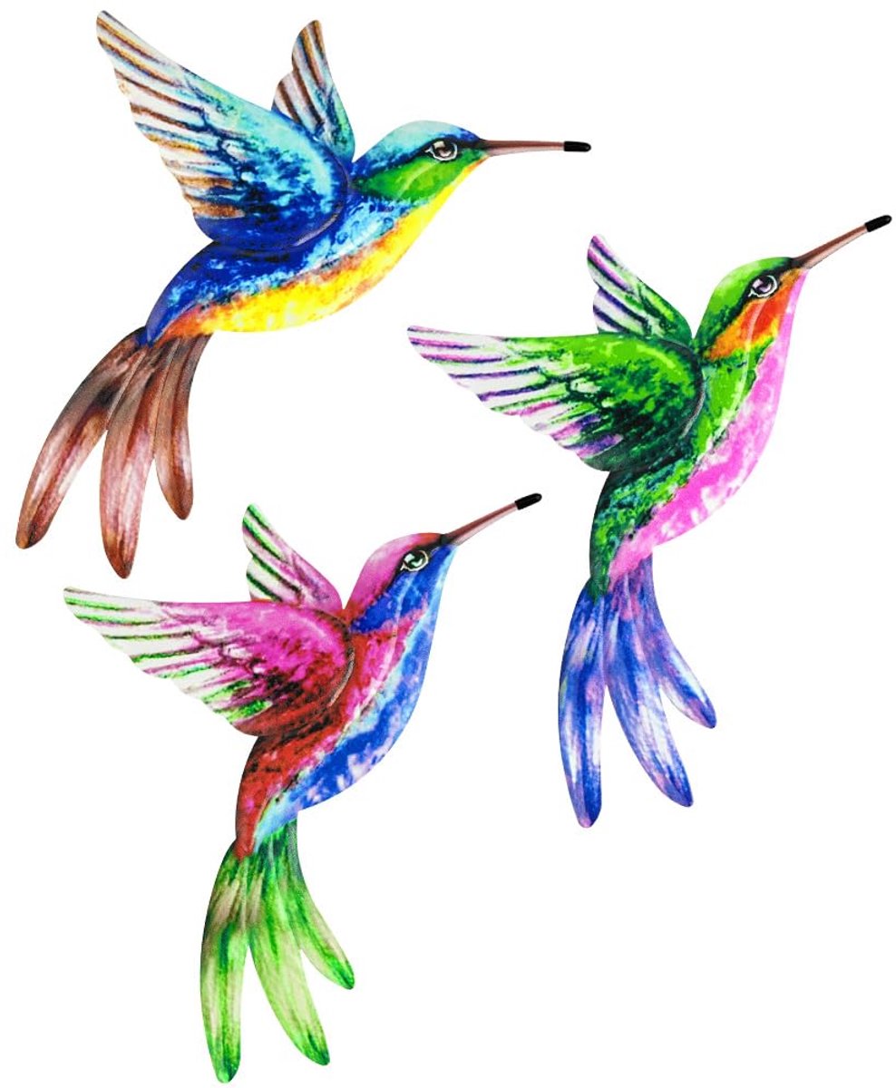 Famanu – 3D kolibri wanddecoratie, set van 3 metalen wandsculpturen voor buiten en binnen, kleurrijke vogels