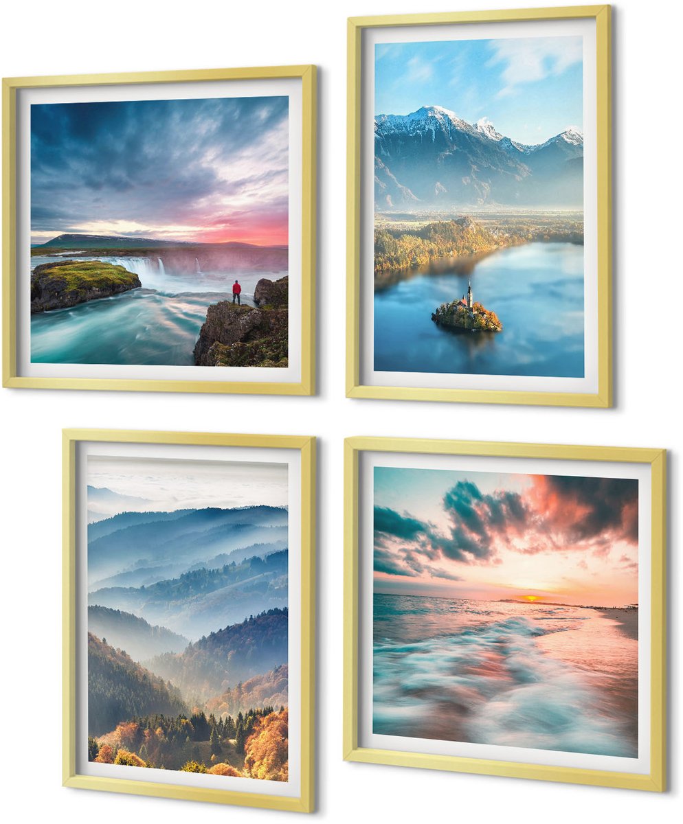 Coloray 4-Delige Schilderij Set - Schilderachtige berglandschappen en watervallen in de natuur. - 40 x 40 cm en 40 x 60 cm - Moderne Wanddecoratie - Woonkamer