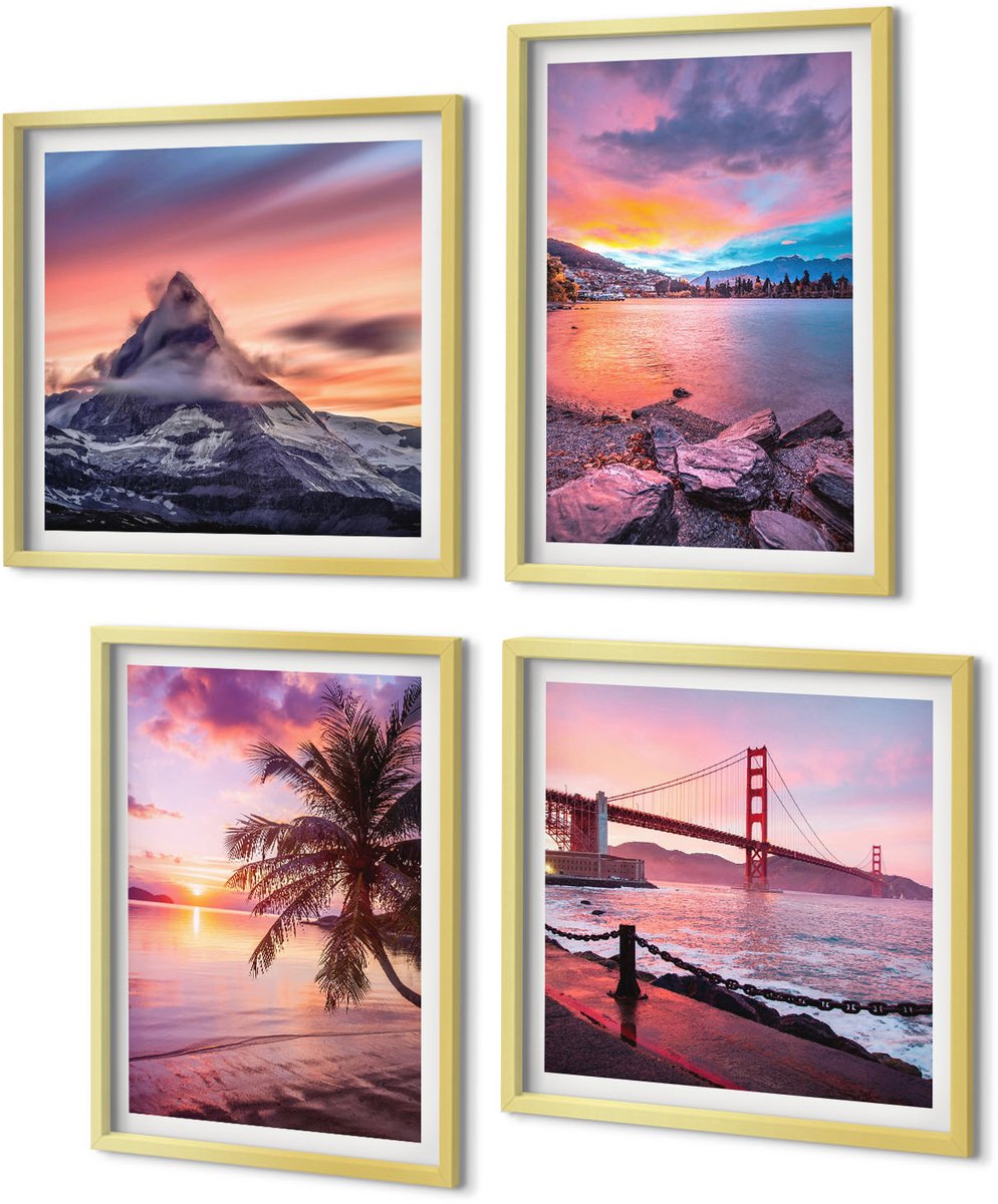 Coloray 4-Delige Schilderij Set - Zonsondergangen boven de brug en het waterlandschap - 40 x 40 cm en 40 x 60 cm - Decoratieve Muurdecoratie - Slaapkamer - Decoratieve Schilderijen