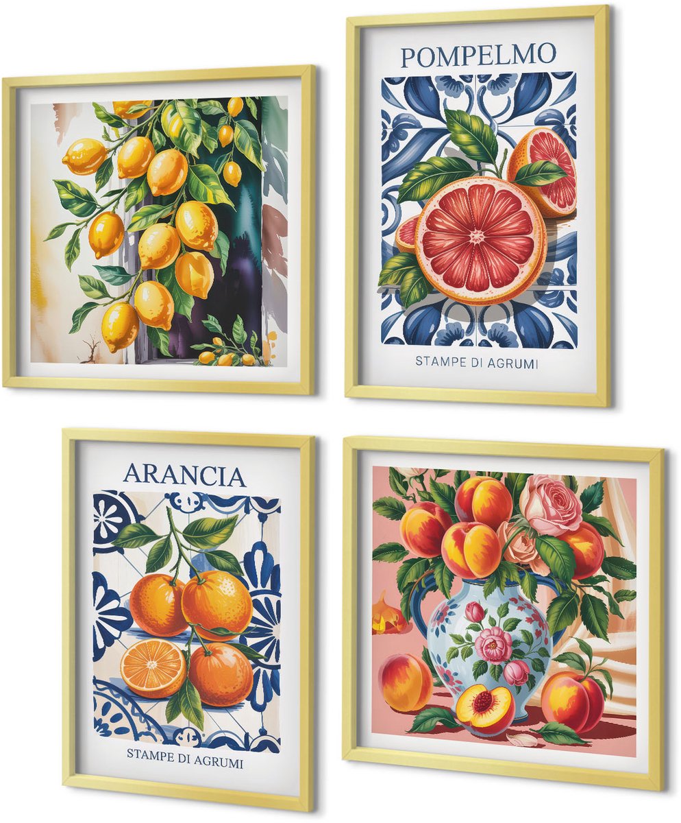 Coloray 4-Delige Schilderij Set - Trendy posters met citrusvruchten in Italiaanse stijl - 40 x 40 cm en 40 x 60 cm - Wanddecoratie - Moderne Interieurdecoratie - Interieur Decoratie