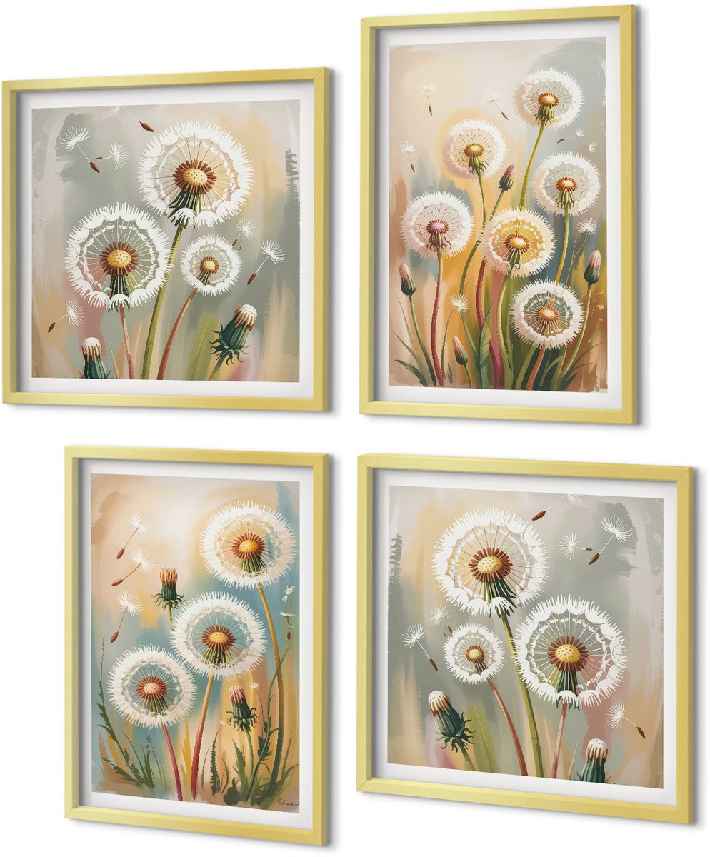 Coloray 4-Delige Schilderij Set - Paardenbloemen tegen een pastelkleurige grasachtergrond - 40 x 40 cm en 40 x 60 cm - Wanddecoratie - Schilderijen Set - Kantoor - Interieur Decoratie