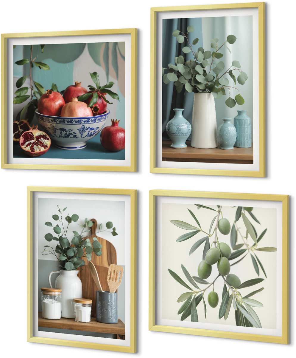 Coloray 4-Delige Schilderij Set - Esthetisch aantrekkelijke combinatie van groene olijven en eucalyptustakken - 40 x 40 cm en 40 x 60 cm - Decoratieve Schilderijen - Wanddecoratie - Hal - Stijlvolle Muurdecoratie