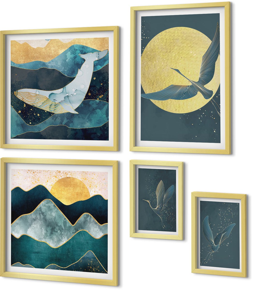 Coloray 5-Delige Schilderij Set - Vogels In Vlucht En Berglandschappen In Een Moderne Stijl - 50 x 50 cm, 20 x 30 cm En 40 x 60 cm - Wanddecoratie - Schilderijen Set - Interieur - Stijlvolle Muurdecoratie