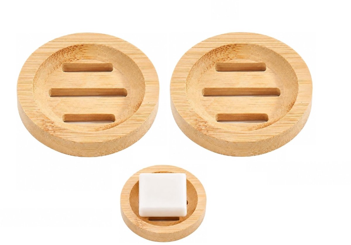 Trywise 2 Stuks Bamboe Zeepbakjes - Ronde Verhoogde Zeephouders met Afvoersleuven - Voor Badkamer, Douche en Keuken