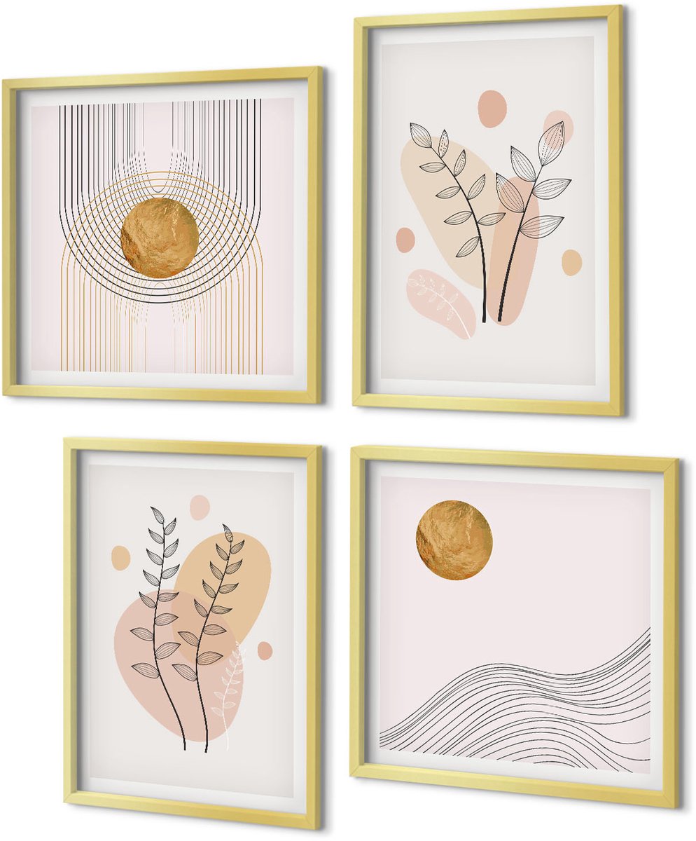 Coloray 4-Delige Schilderij Set - Minimalistische abstracte planttekeningen - 40 x 40 cm en 40 x 60 cm - Muurdecoratie - Wanddecoratie - Hal