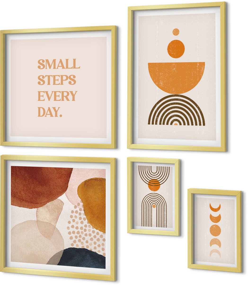 Coloray 5-Delige Schilderij Set - Stijlvolle Aardetinten Met Abstracte Vormen. - 50 x 50 cm, 20 x 30 cm En 40 x 60 cm - Stijlvolle Muurdecoratie - Slaapkamer - Interieur Decoratie
