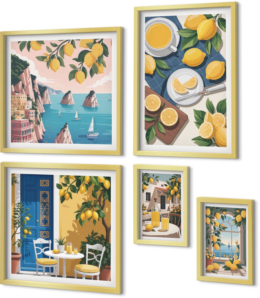 Coloray 5-Delige Schilderij Set - Frisse Citroenmotieven En Een Zomerse Sfeer In Boho-Stijl - 50 x 50 cm, 20 x 30 cm En 40 x 60 cm - Wanddecoratie - Muurdecoratie - Woonkamer - Decoratieve Schilderijen