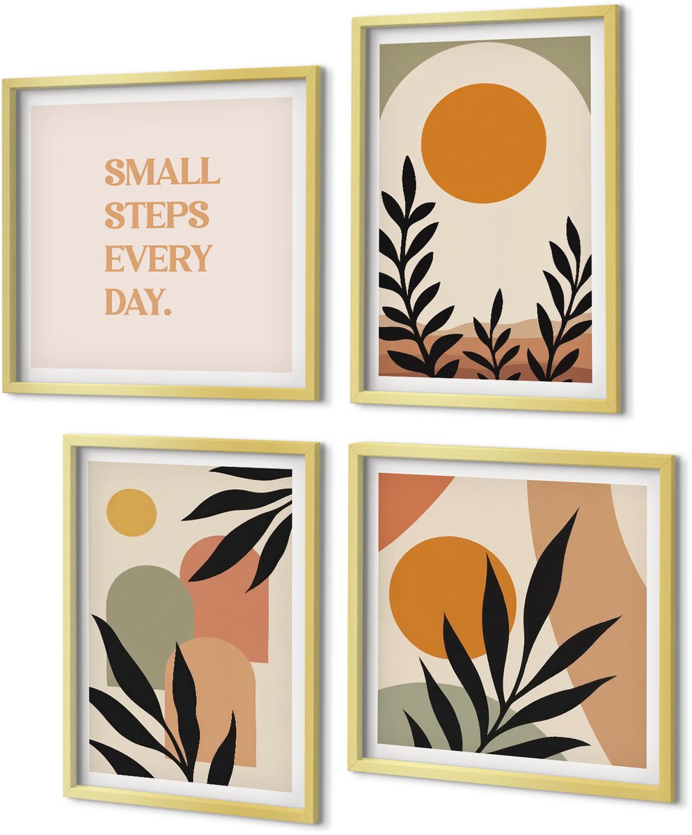 Coloray 4-Delige Schilderij Set - Abstracte vormen en plantmotieven in warme kleuren. - 40 x 40 cm en 40 x 60 cm - Schilderijen Set - Wanddecoratie - Woonkamer - Interieur Decoratie