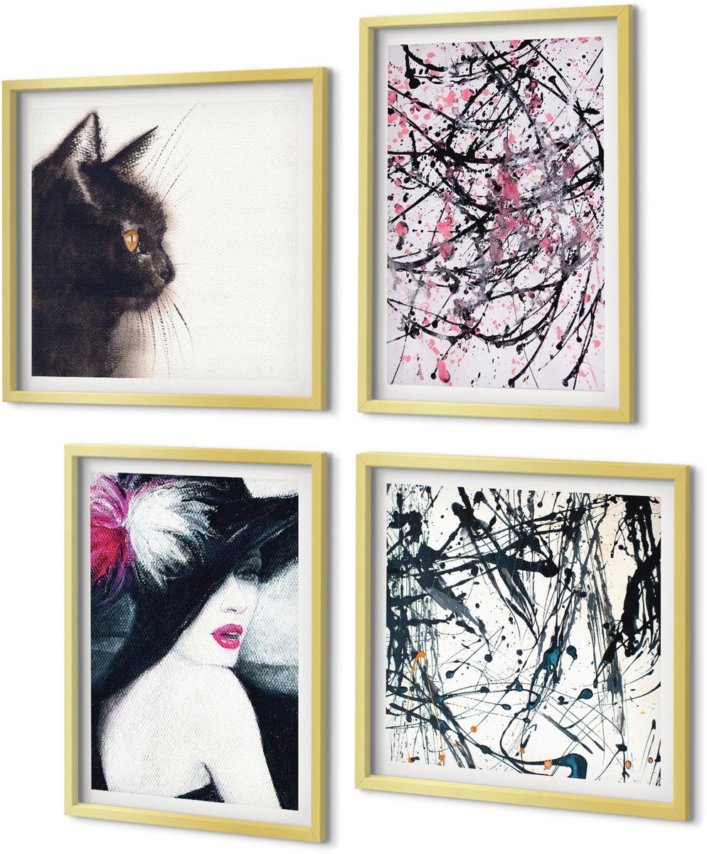 Coloray 4-Delige Schilderij Set - Abstracte verfpatronen Vrouw met hoed Kat - 40 x 40 cm en 40 x 60 cm - Muurdecoratie - Decoratieve Schilderijen - Wohnzimmer - Woonkamer Decoratie