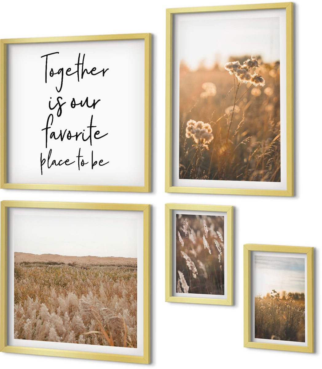 Coloray 5-Delige Schilderij Set - Natuurlijke Landschappen Met Bloemen En Inspirerende Spreuken. - 50 x 50 cm, 20 x 30 cm En 40 x 60 cm - Muurdecoratie - Decoratieve Schilderijen - Wohnzimmer Gouden lijst