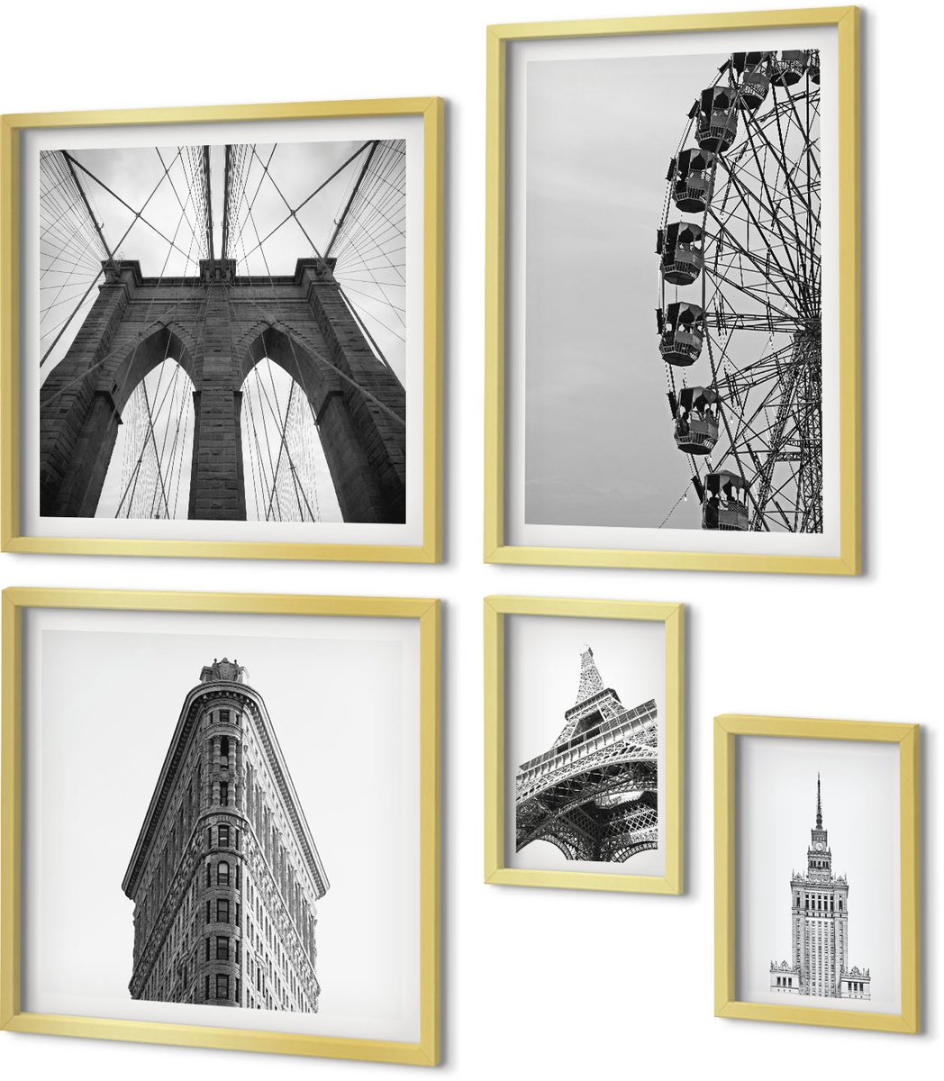 Coloray 5-Delige Schilderij Set - Architectuur Van De Wereldmetropolen In Zwart-Wit - 50 x 50 cm, 20 x 30 cm En 40 x 60 cm - Wanddecoratie - Schilderijen Set - Kantoor - Woonkamer Decoratie