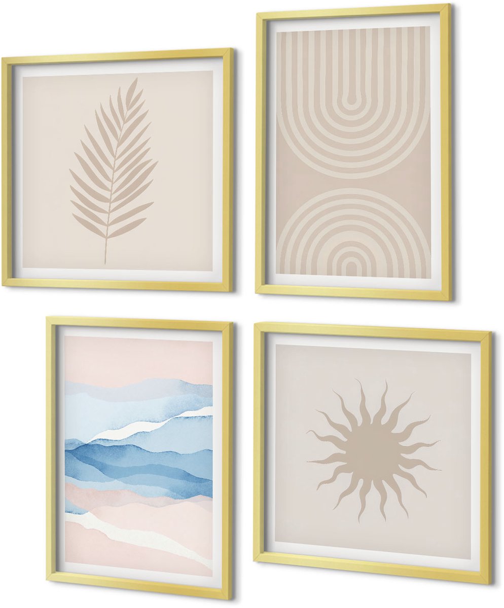 Coloray 4-Delige Schilderij Set - Zonnegolven en abstracte lijnen in pastelkleuren - 40 x 40 cm en 40 x 60 cm - Wanddecoratie - Moderne Interieurdecoratie - Muurdecoratie