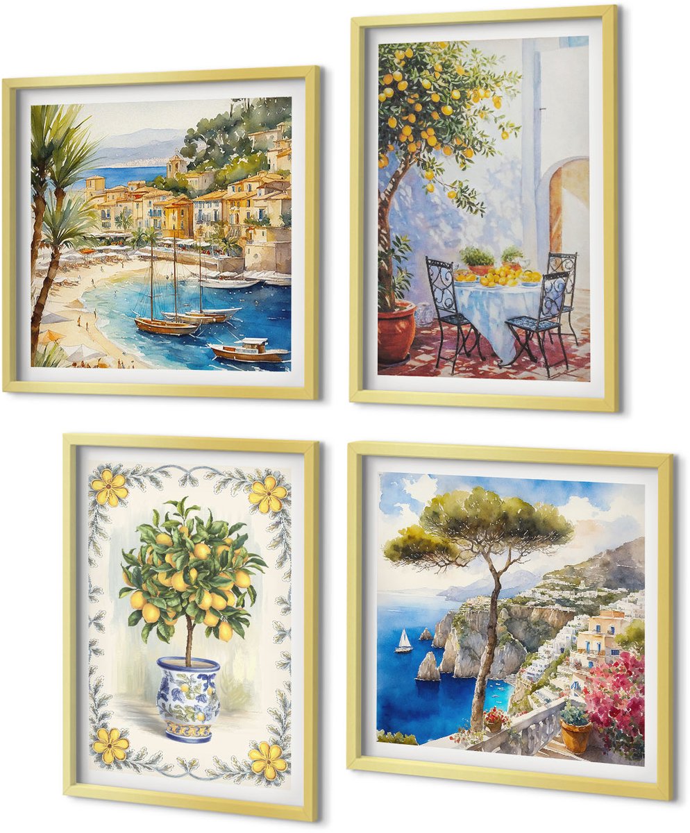 Coloray 4-Delige Schilderij Set - Uitzicht op zee met citroenbomen - 40 x 40 cm en 40 x 60 cm - Wanddecoratie - Woonkamer Decoratie - Interieur Decoratie